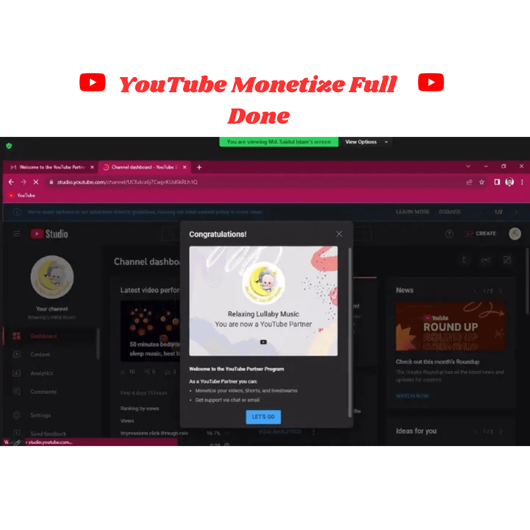 YouTube Studio congratulations dialog confirming the channel is now a YouTube Partner