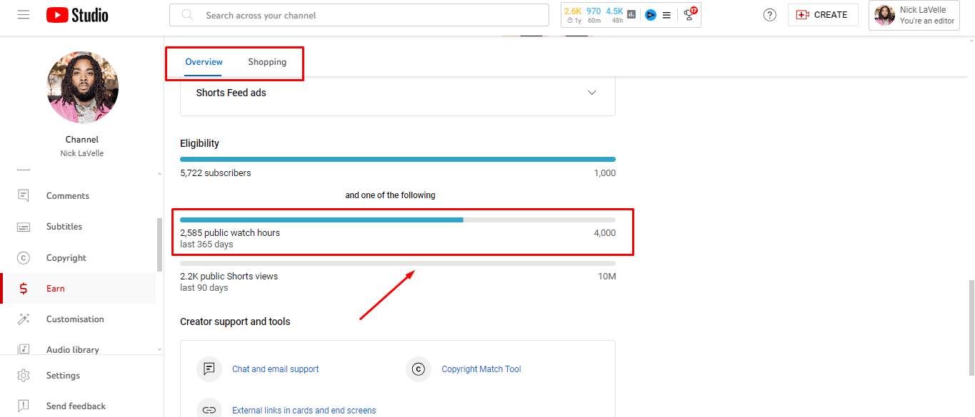 YouTube monetization eligibility screen showing 5,722 subscribers and progress toward 4,000 watch hours