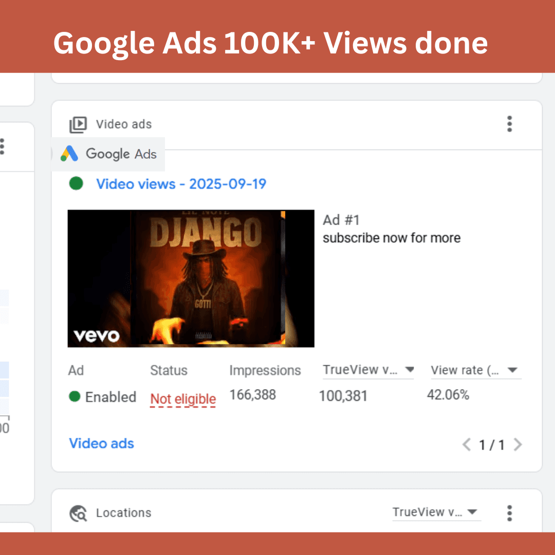 Google Ads video campaign report showing 166,388 impressions and 100,381 TrueView views at a 42.06% view rate