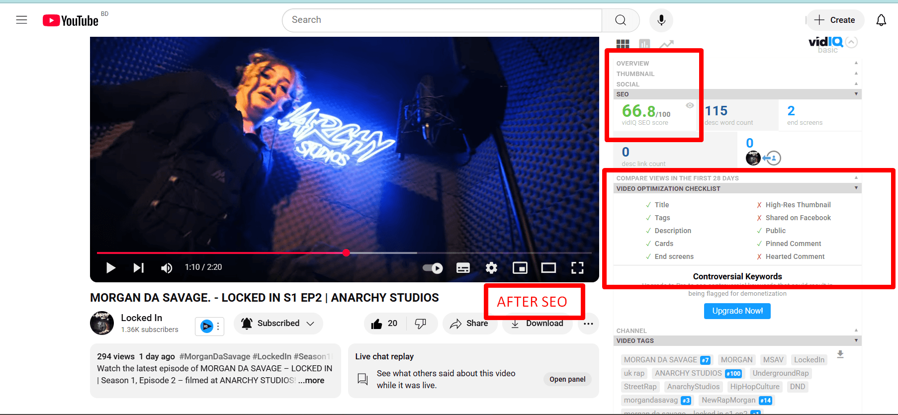 Optimized YouTube video showing a completed video optimization checklist and a 66.8 SEO score