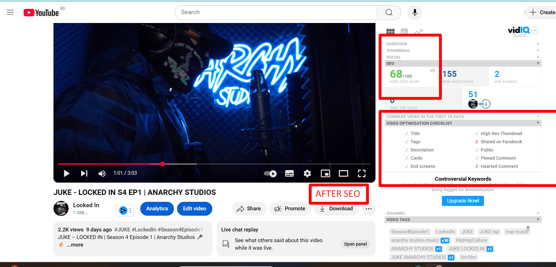 Same YouTube video after optimization showing a vidIQ SEO score of 68 and tags ranking #1