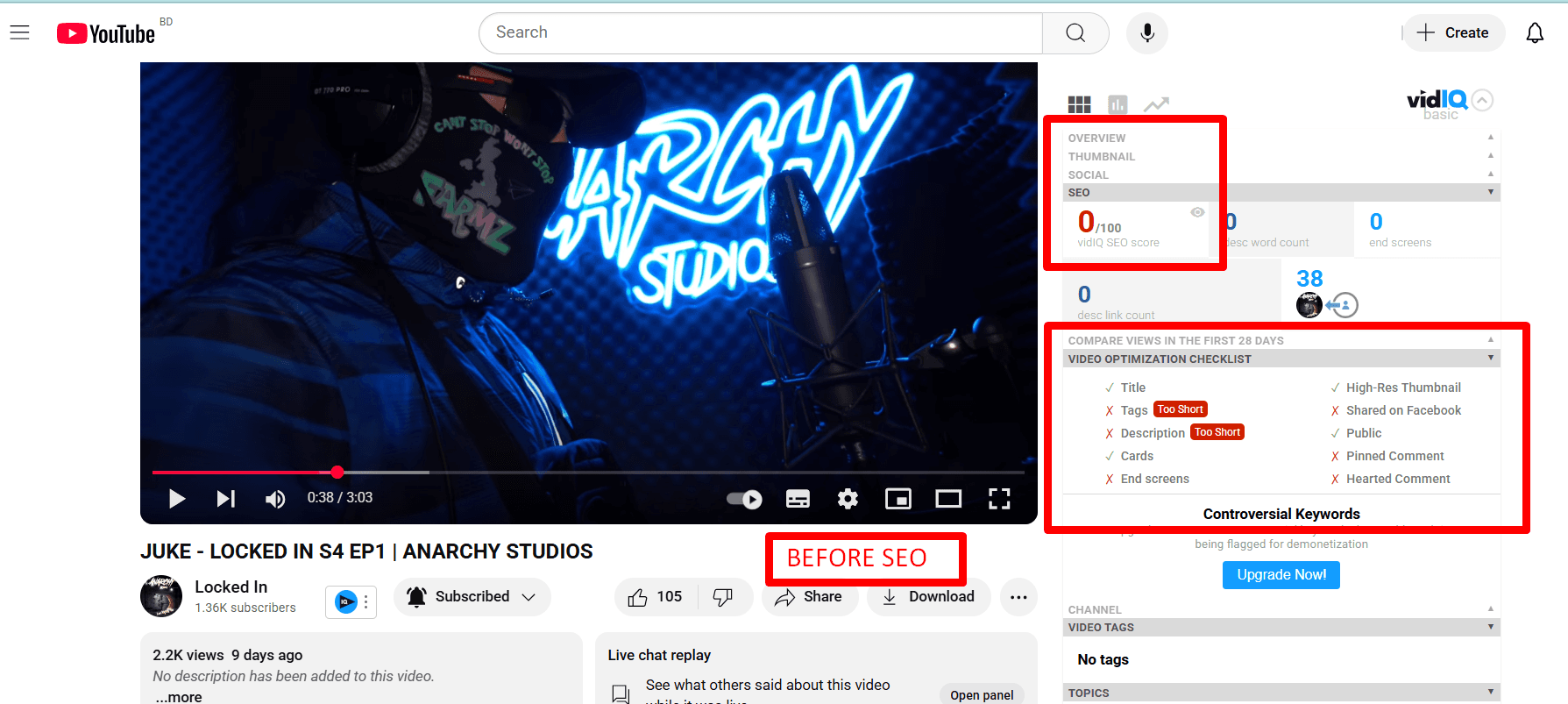 YouTube video with a vidIQ SEO score of 0 out of 100, no tags and no description before optimization