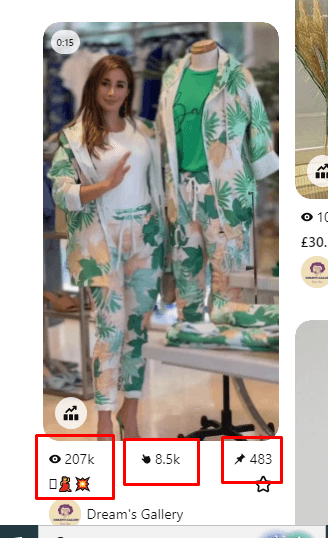 Pinterest pin analytics showing 207K views, 8.5K saves and 483 link clicks