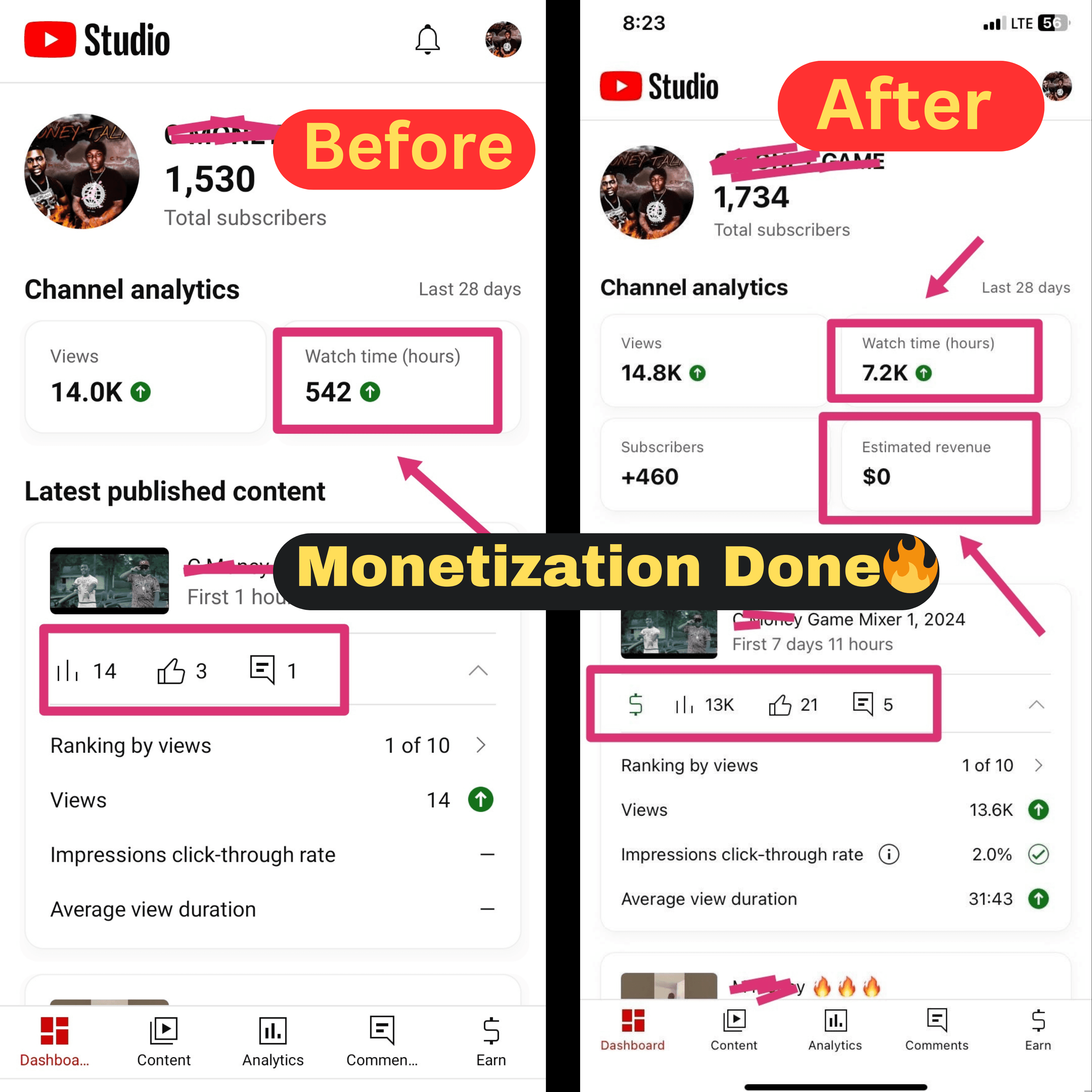 Before and after YouTube Studio screens showing watch time growing from 542 to 7.2K hours with monetization enabled
